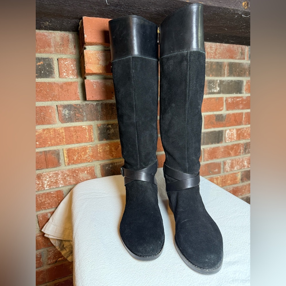 Edgy Vince Camuto Riding Boot Blk Leather & Suede Biker Riding Knee High MOTO